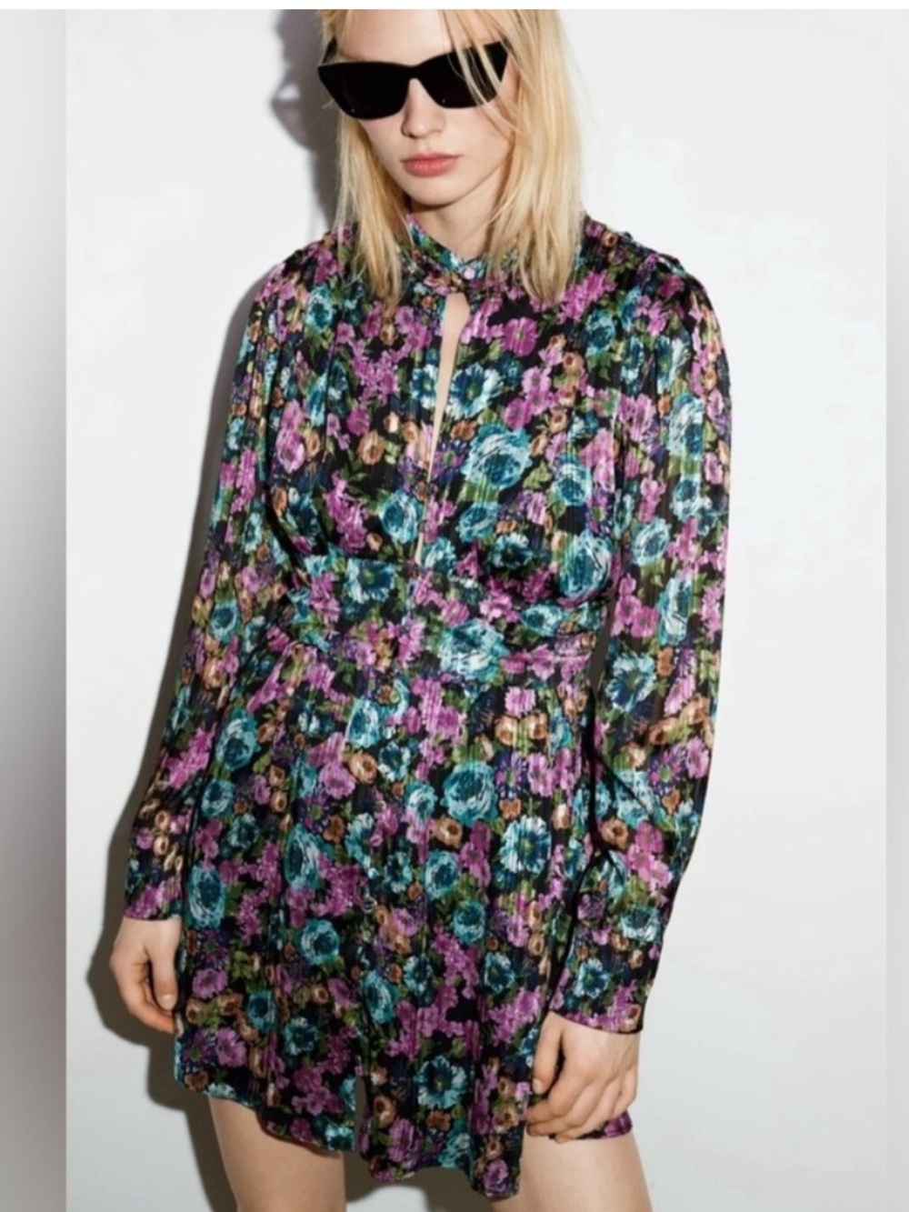 Zara Floral Keyhole Long-Sleeve Mini Dress - Black/Purple/Teal